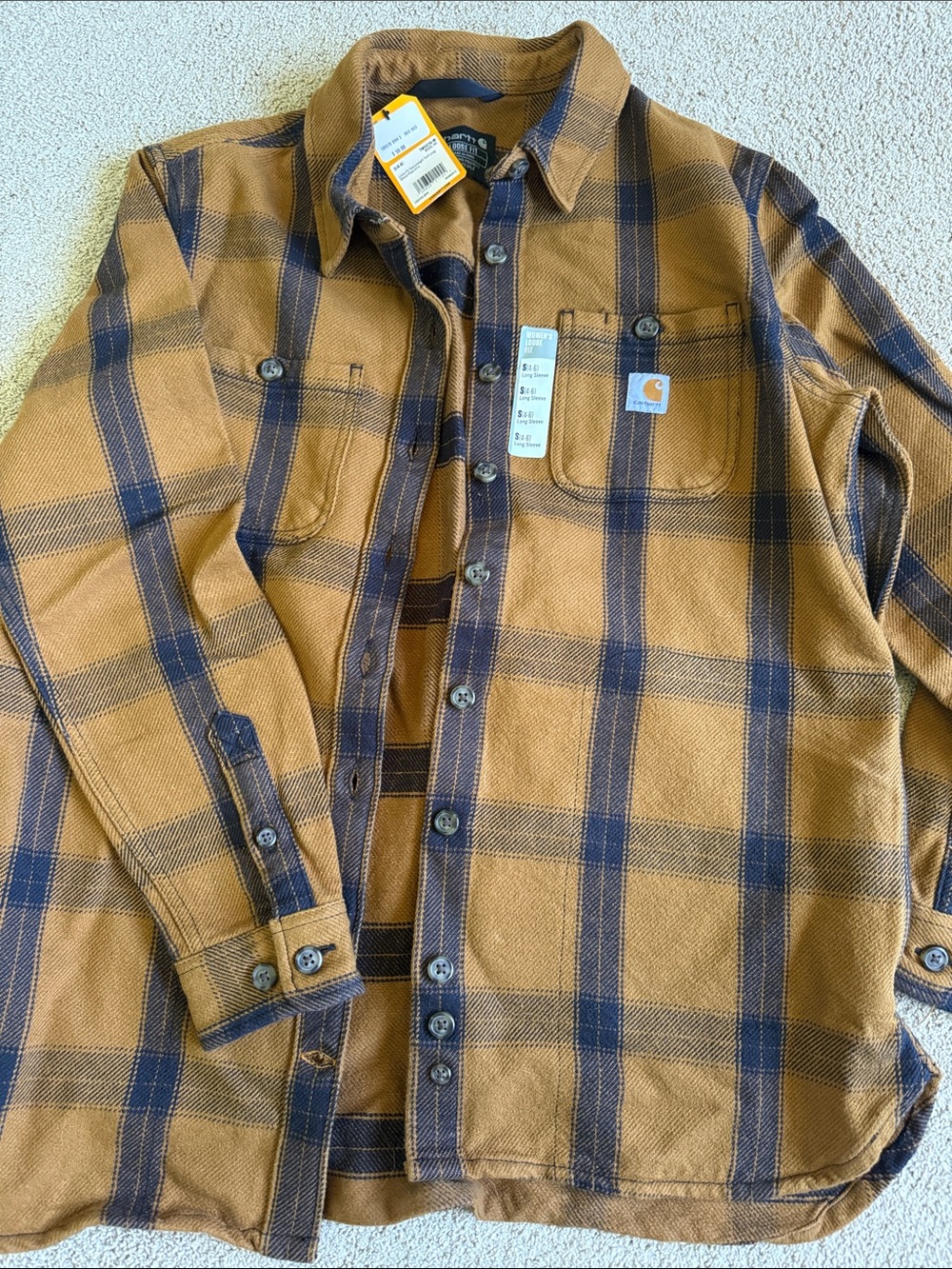 Carhartt Men’s Tan and Blue Plaid Button-Up Work Shirt